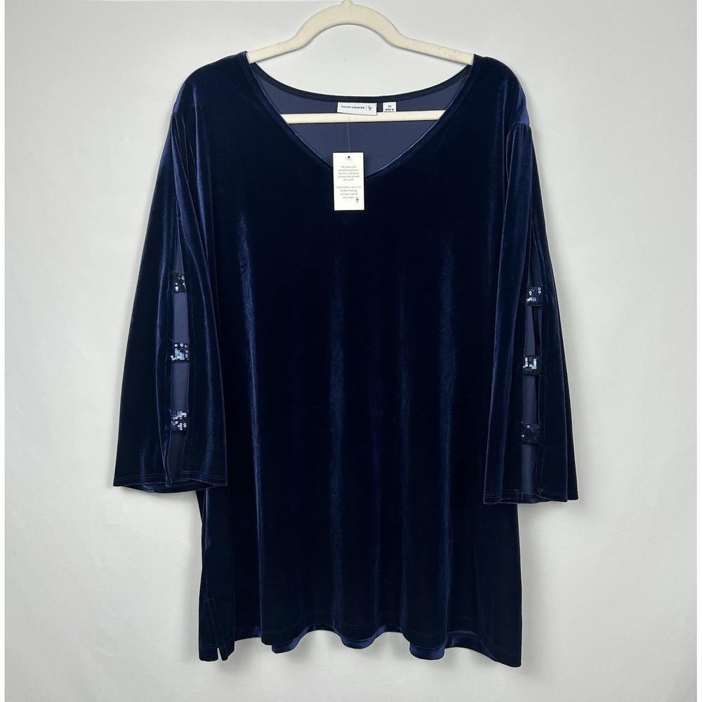 NWT Susan Graver Women's Velvet Top 2X Cut Out Sequin 3/4 Sleeves Glam Party‎